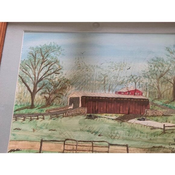 Watercolor Kauffman Covered Bridge Framed Picture Signed by Anna Ruth Enders 200 - Picture 4 of 7